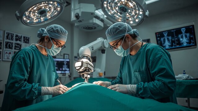 Surgeons perform a complex robotic surgery procedure in a sterile operating room under bright lights for a medical breakthrough.