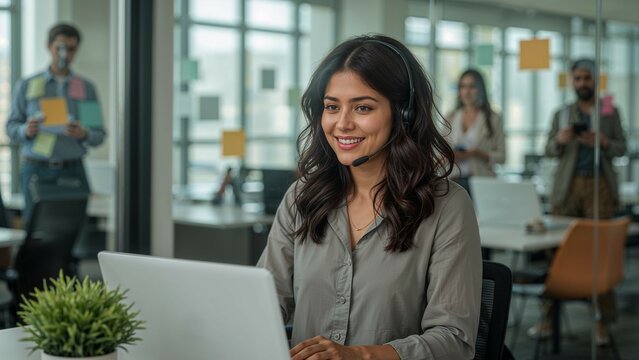 Smiling businesswoman in headset working on laptop, surrounded by colleagues in a modern office, showcasing call center operations.