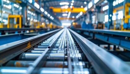 "Precision Engineering in Motion: A Close-Up View of Steel Supplies Advancing Along a Modern Factory Assembly Line"