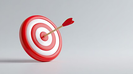 Target board with arrow hitting bullseye on clean surface, symbolizing business goal achievement with space for design elements