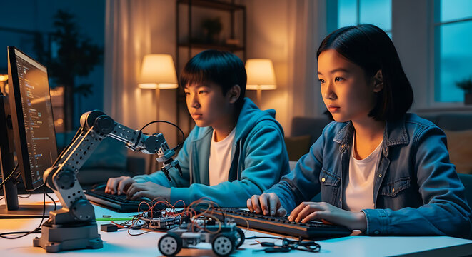 Children coding robot arm at home, exploring STEM learning.