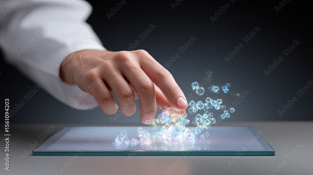 Poster transparent touchscreen interface with holographic medical data floating on dark surface