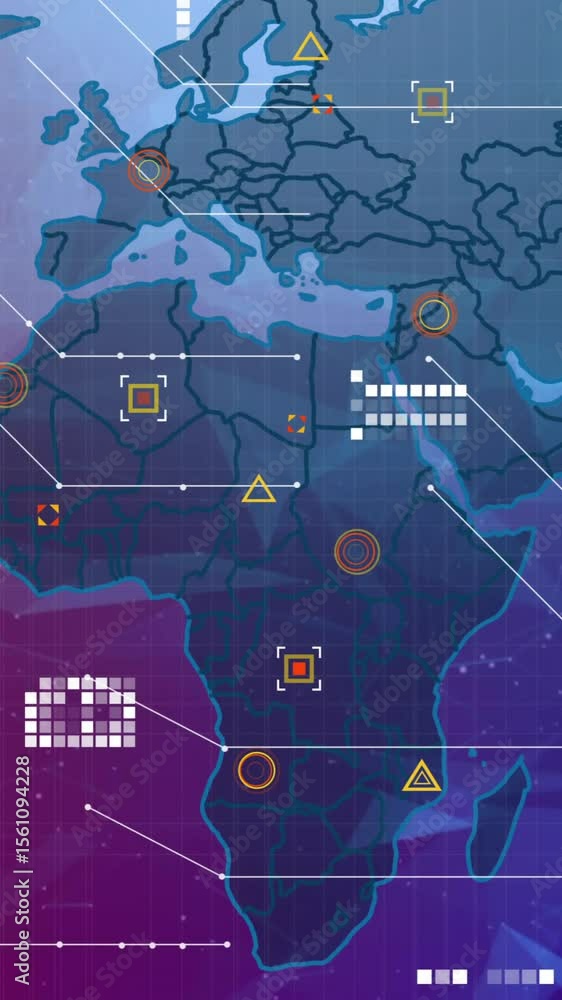 Poster animation of world map with data processing over colourful background