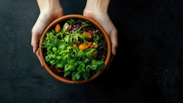 Woman's hands hold a terracotta pot filled with compost and growing herbs