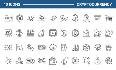Cryptocurrency set of web icons in line style. Crypto technology and Blockchain icons for web and mobile app. Crypto currency, bitcoin, NFT, technology, decentralized finance, encryption, token