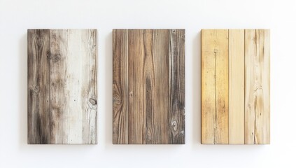 Three vertical wood panels, varying shades, on a white background