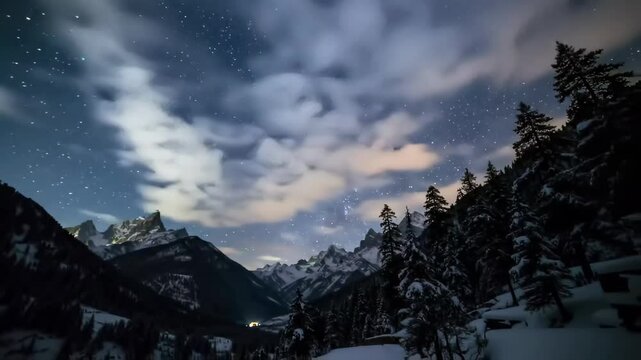 Milky Way Galaxy Timelapse Over a Snowy Mountain Range