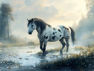 Wild Fresian horse in it's natural habitat  - ai