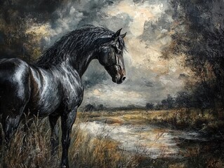 Wild Fresian horse in it's natural habitat  - ai
