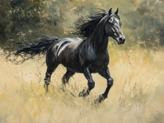 Wild Fresian horse in it's natural habitat  - ai