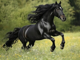 Wild Fresian horse in it's natural habitat  - ai