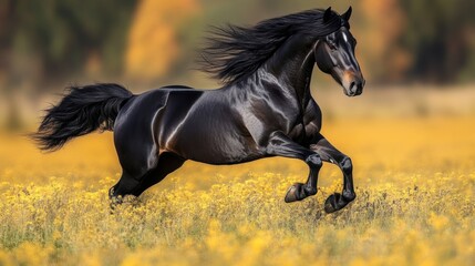 Wild Fresian horse in it's natural habitat  - ai