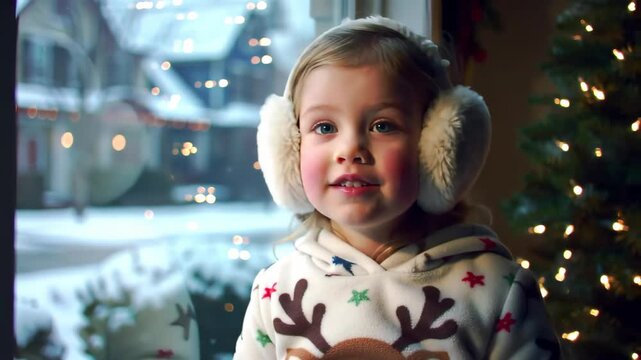Thoughtful Little Girl in Earmuffs Looking out the Window at Christmas