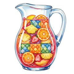 Refreshing Fruit Beverage in a Pitcher: An inviting illustration showcases a transparent pitcher brimming with a vibrant concoction of mixed fruits, creating a refreshing and artistic scene.