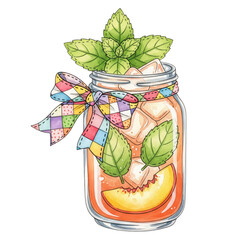 Peach Iced Tea in Mason Jar: A refreshing illustration of peach iced tea in a mason jar, garnished with mint leaves and a colorful ribbon. Perfect for summer vibes. 