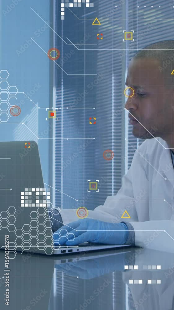 Poster animation of white pixels of processing data over male scientist using laptop in laboratory