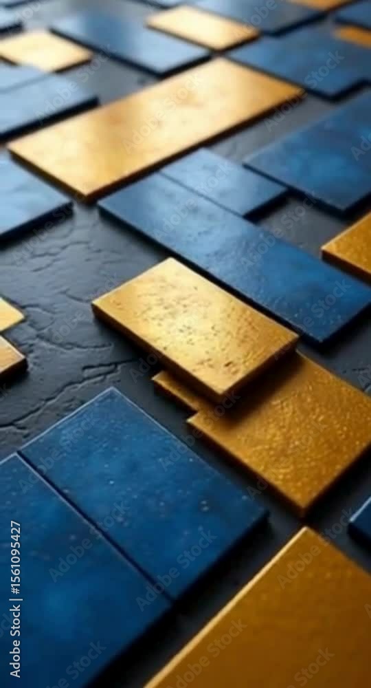 Poster abstract geometric pattern with gold and blue rectangles on a textured background