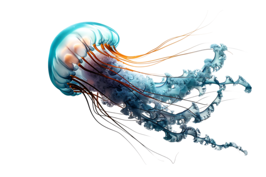 Vibrant jellyfish with translucent bell and flowing tentacles