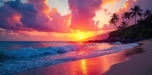 Fototapeta premium Breathtaking Hawaiian Sunset Fiery Oranges, Pinks, and Purples Paint the Calm Ocean Waves, a Perfect Tropical Vacation Scene.