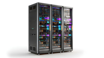 High-tech server rack full of servers, detailed panel textures and lights, isolated on transparent white background, clipping path --ar 16:9