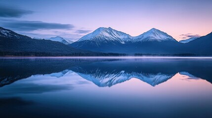 Serene mountains reflected in a calm lake at dawn.
