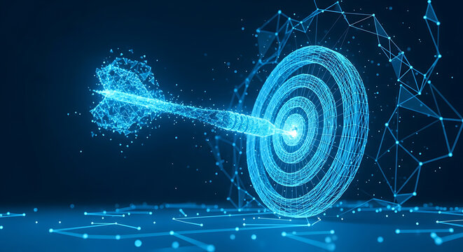 Arrow hits target, digital network, achieving goals