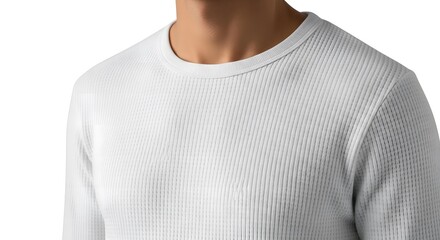 White Ribbed Crew Neck Shirt on Male Model with Neutral Background