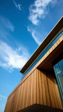 Modern minimalist architecture with wooden paneling and blue sky with clouds; shot from low angle showcasing the building's design and clean lines.