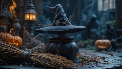A whimsical Halloween scene features a witch's hat atop a cauldron, pumpkins, and broomstick