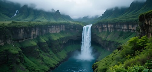  Towering Nohkalikai Waterfall plunging from a green cliff into a blue pool below, layers of forest cascading down the terrain, clouds brushing the top of the cliffs — dramatic landscape photography .