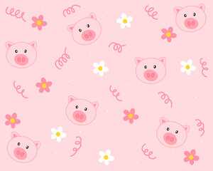 Seamless piggy pink with cute flower vector illustration for wallpaper background or template
