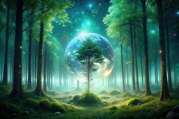 Enchanted Forest with a Glowing Orb and a Solitary Tree at its Center, a Mystical Night Scene