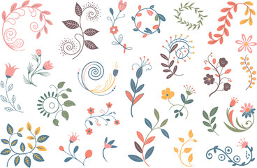 A collection of decorative floral elements including vines flowers and leaves on white background


