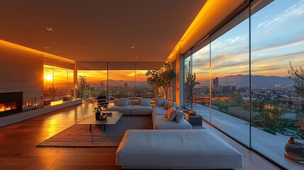 Luxurious modern living room with panoramic city sunset views.  Spacious open-plan design features a fireplace, comfortable seating, and floor-to-ceiling windows