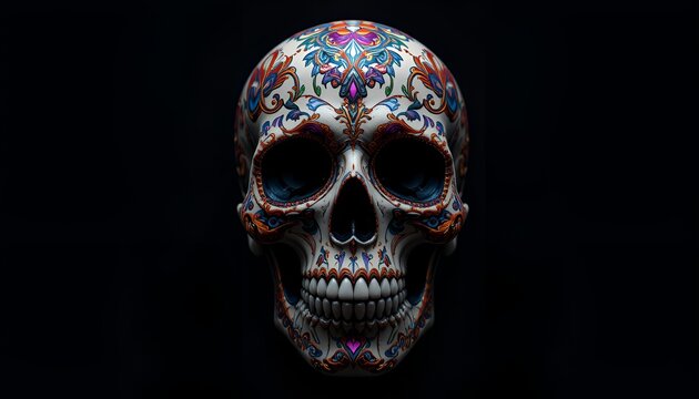 Ornate skull against black backdrop featuring colorful floral designs, creating a morbid beauty.