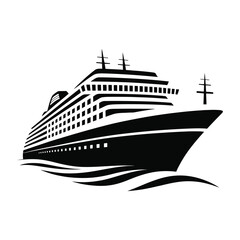 A black and white silhouette illustration of a luxury cruise ship against a white background