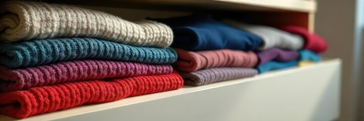 A neatly folded stack of sweaters, shirts, and pants in a dresser drawer Various colors and textures showcase a well-organized wardrobe , apparel organization, silk
