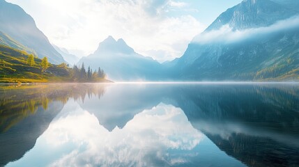 Tranquil lake reflecting a mountain landscape at sunrise.