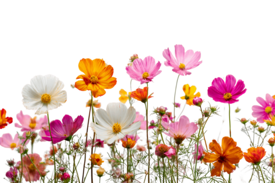 Vibrant Pink Orange White Cosmos Flowers Isolated on Transparent Background, PNG