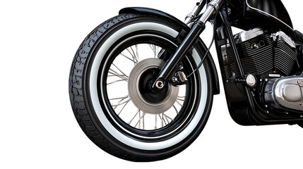 Close up of a classic black motorcycle front wheel with white wall tire and chrome spokes isolated on transparent background