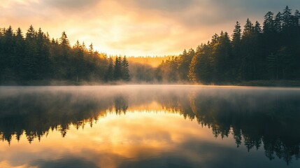 Fototapeta premium Golden sunrise over a tranquil lake with a misty forest.