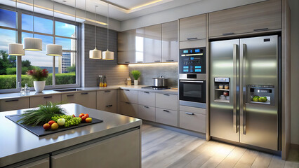 High Tech Kitchen With Touch Panels Smart Fridge And Integrated Design