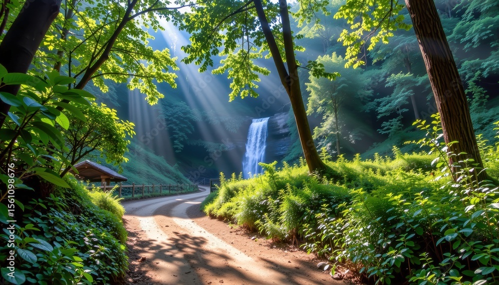 Aufkleber sunlight filters through trees onto a winding forest path leading to a cascading waterfall surrounde