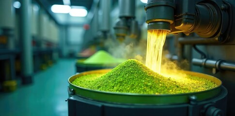 Close-up shot of biofuel being processed in a modern facility, highlighting the advanced technology used in sustainable energy production , development, eco-friendly