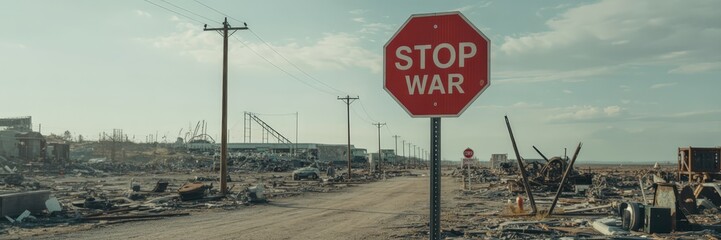 Obraz premium Desolate street scene of a war-torn area.
