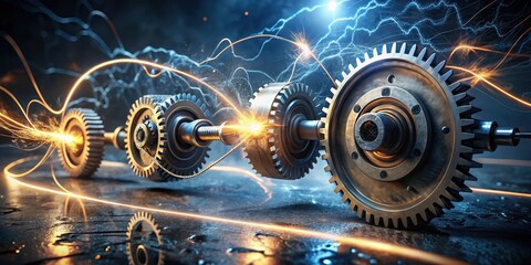 Intricate Gear System with Energetic Sparks  A Close-Up View of Interconnected Rotating Mechanisms