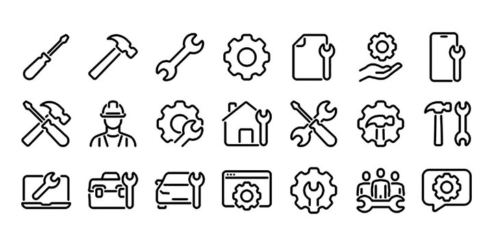 Repair concept editable stroke outline icons set isolated on white background flat vector illustration.