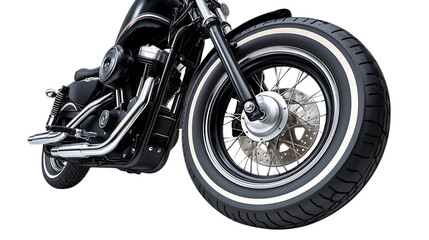 Detailed view of a classic black motorcycle engine and front wheel with whitewall tire isolated on transparent background