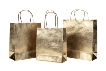 Three gold paper gift bags, perfect for presents.