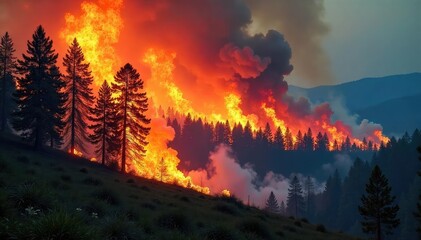 Fierce forest fire engulfs towering trees, creating a dramatic and intense scene of nature's destructive power Smoke billows, flames leap, and the landscape is consumed , intense heat, calamity